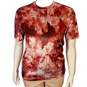 INC Blouse Womens S Red White Lava Flow Velvet Short Sleeve Round Neck